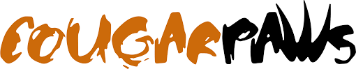 orange and black logo of the words cougar paws